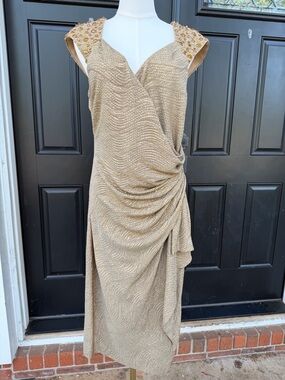 Maggy London Gold Draped Cocktail Dress with Beaded Shoulders Women’s 14
